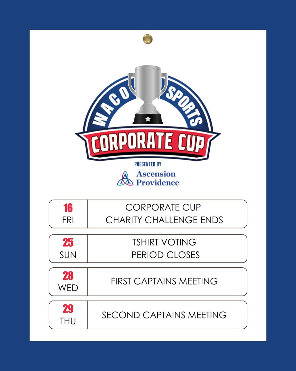 WacoSports's tweet photo. Corporate Cup is NEXT MONTH! There are a lot of deadlines coming up, make sure to add them to your calendar! 

#CorporateCup #WacoSports #CentralTexasSports #WacoTx #WacoTexas #Waco #Corporate https://t.co/WzEcrqm8jK