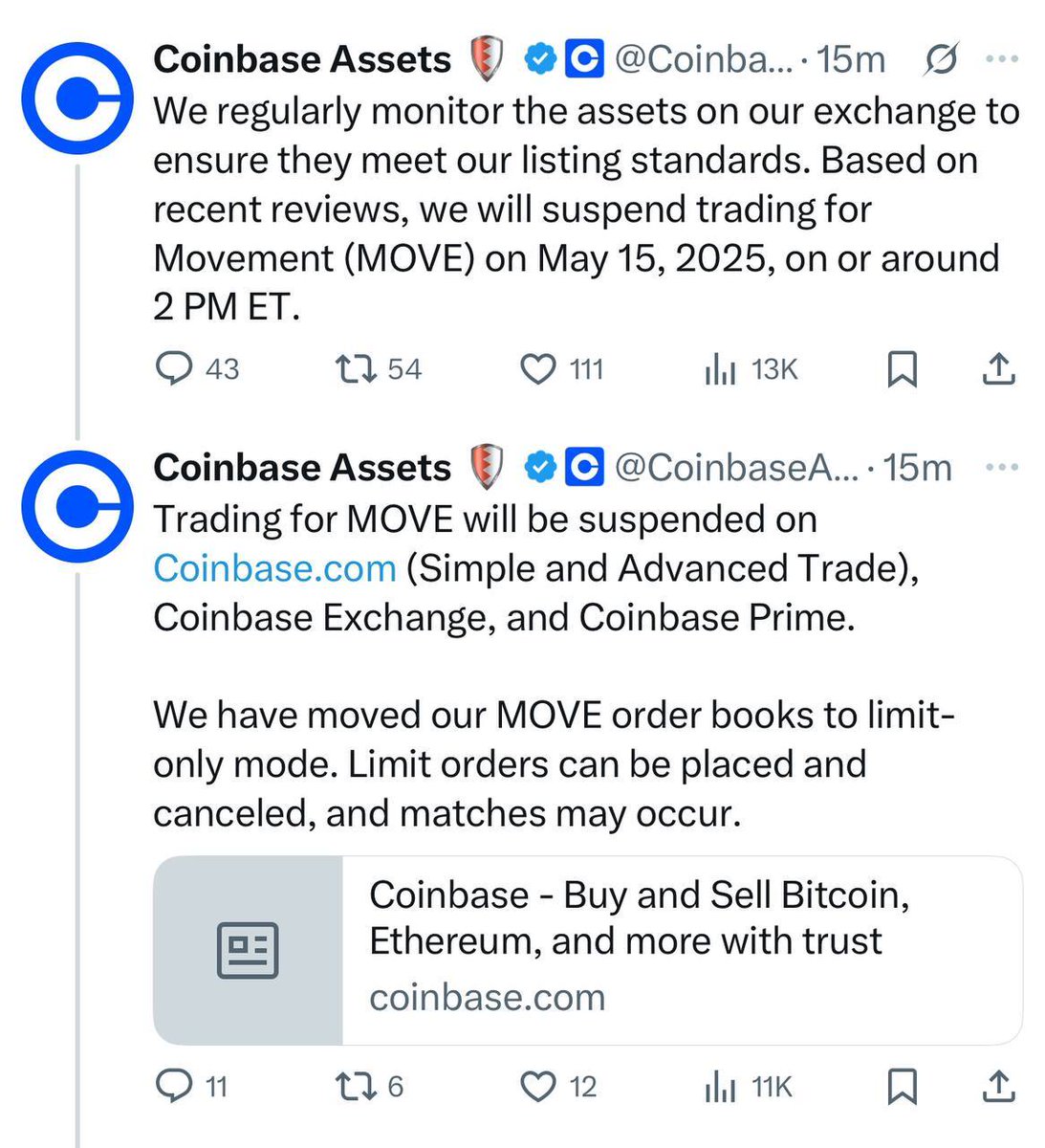 Cointelegraph's tweet photo. ⚡️ JUST IN: Coinbase plans to suspend Movement ($MOVE) trading on May 15, 2025, after review.
Coinbase claims $MOVE does not meet its “listing standards.” https://t.co/dT2YN6znKR