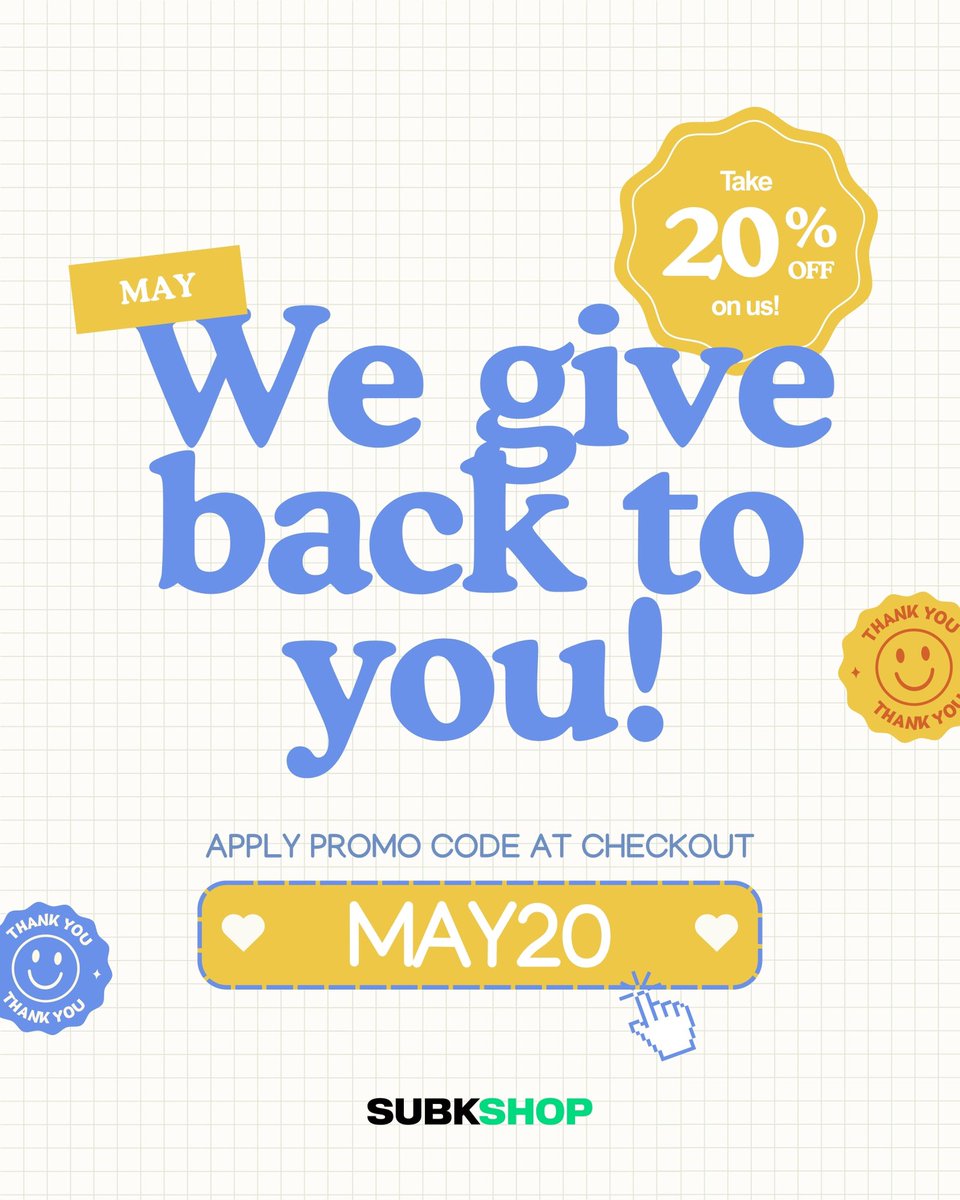 subkshop's tweet photo. It’s giveback season — and we’re showing our love with 20% OFF! 🤗
Use code MAY20 at checkout and treat yourself 🛍️✨
💛 MAY20 = 20% OFF | All month long! 🛒🎉
🔗 https://t.co/aoppQ5pEq1
#SUBKSHOP #SUBKSQUAD https://t.co/sAtRvJRwR8