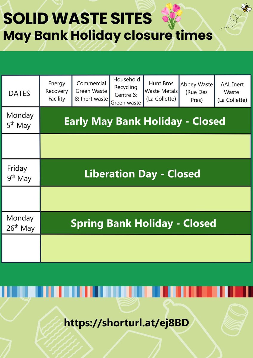 Solid Waste Sites ♻️ - May Bank Holiday Closures

For more Info - shorturl.at/ej8BD
