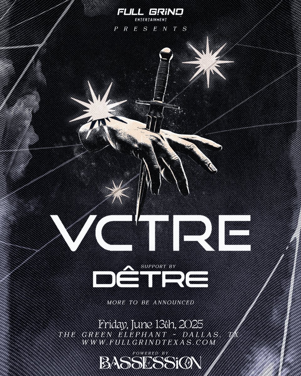 Full Grind Entertainment (@fullgrindtexas) on Twitter photo ANNOUNCING: <a href="/VCTRE_/">VCTRE</a> in Dallas, Tx w/ support by <a href="/detrebeats/">DubstepNikolaJokić</a> on 6/13! 🌶️
Friday, June 13th at The Green Elephant
More acts to be announced… 🔥
Powered by <a href="/BASSESSION/">BASSESSION 🛸</a> 🔊🔊 ANNOUNCING: <a href="/VCTRE_/">VCTRE</a> in Dallas, Tx w/ support by <a href="/detrebeats/">DubstepNikolaJokić</a> on 6/13! 🌶️
Friday, June 13th at The Green Elephant
More acts to be announced… 🔥
Powered by <a href="/BASSESSION/">BASSESSION 🛸</a> 🔊🔊