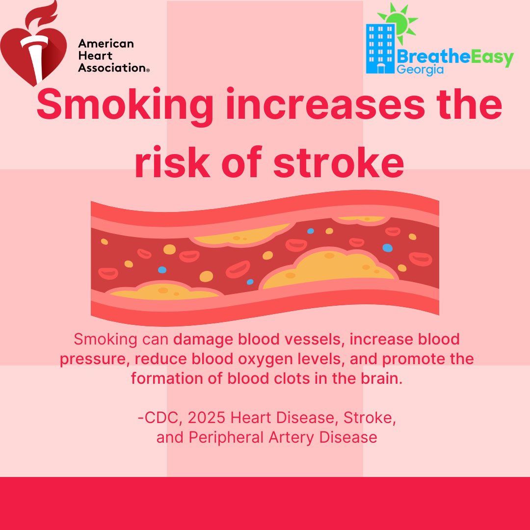 May is recognized as American Stroke Month by @AmericanHeartAssociation. Did you know smoking is a major risk factor for having a stroke? Going smoke-free isn’t just good for your lungs, it protects your brain too. #AmericanStrokeMonth #BreatheEasyGAHomes