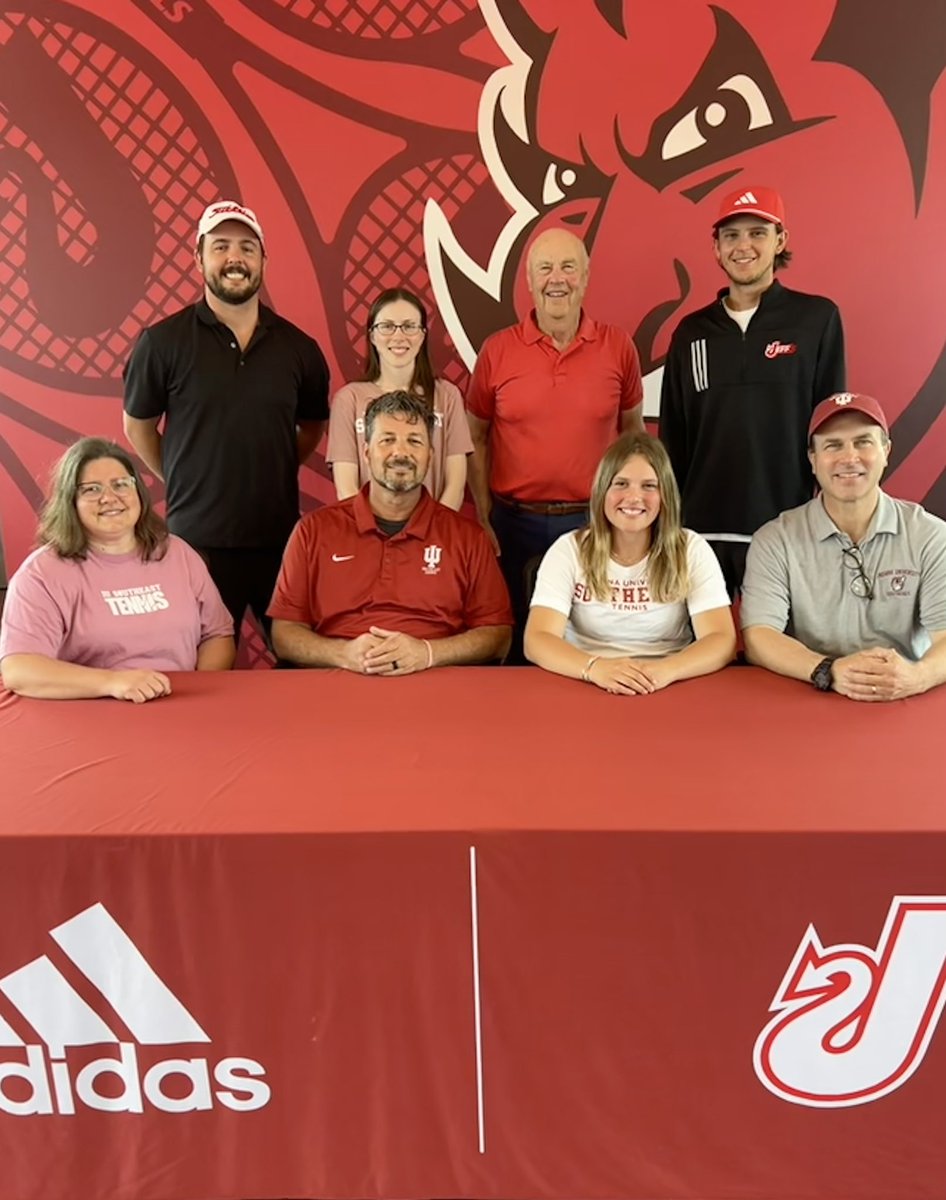 JeffHS_GTN's tweet photo. Eva Ellis signed with Indiana University Southeast to continue her tennis career &amp; pursue a Nursing degree. Pictured front: mother Kim Ellis, IUS Coach Clif Winchell, Eva Ellis, father Jay Ellis; back: Coach Ian Deiters, sister Emma Ellis, grandfather Jim Ellis, Coach Jerid Inman https://t.co/yAWHfbIWof