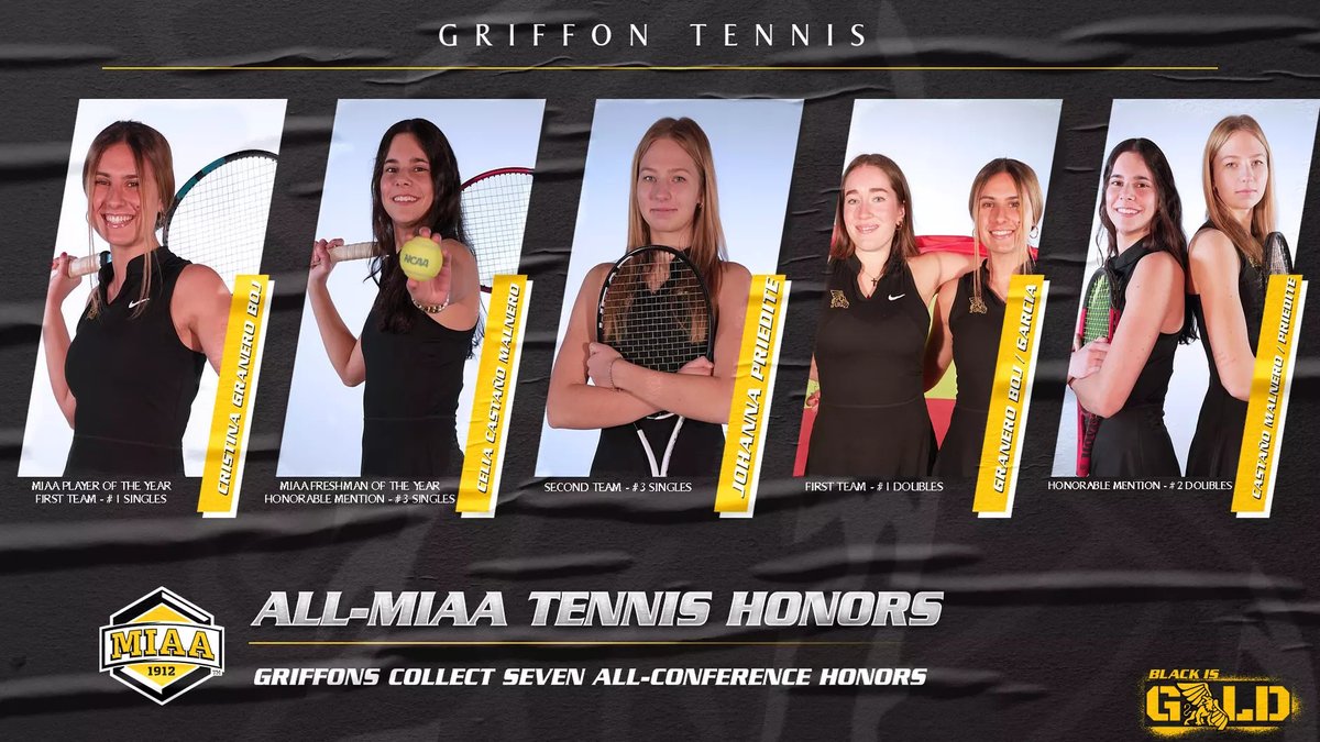 Missouri Western Athletics (@mwsugriffons) on Twitter photo πΎ NEWS: Budding stars π«
<a href="/GriffonTennis/">Griffon Tennis</a> picked up two major MIAA awards with Cristina Granero Boj earning Player of the Year and Celia CastaΓ±o Malnero being named Freshman of the Year.
Four Griffs earned seven total honors.
π° - bit.ly/4iK4o1E
#BlackIsGold π| πΎ NEWS: Budding stars π«
<a href="/GriffonTennis/">Griffon Tennis</a> picked up two major MIAA awards with Cristina Granero Boj earning Player of the Year and Celia CastaΓ±o Malnero being named Freshman of the Year.
Four Griffs earned seven total honors.
π° - bit.ly/4iK4o1E
#BlackIsGold π|