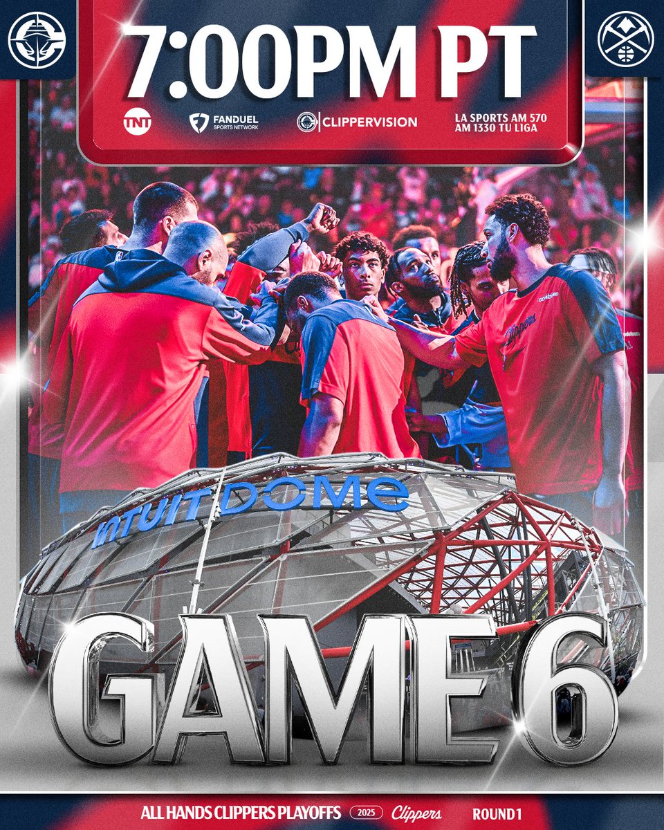 LAClippers's tweet image. GAME 6⃣ AT @IntuitDome.

🕖 7:00PM PT
🆚 @nuggets
📺 @NBAonTNT, @FanDuelSN_West, @Clipper_Vision
📻 @AM570LASports, @TuLigaRadio
🎟️on.nba.com/3G7xZED