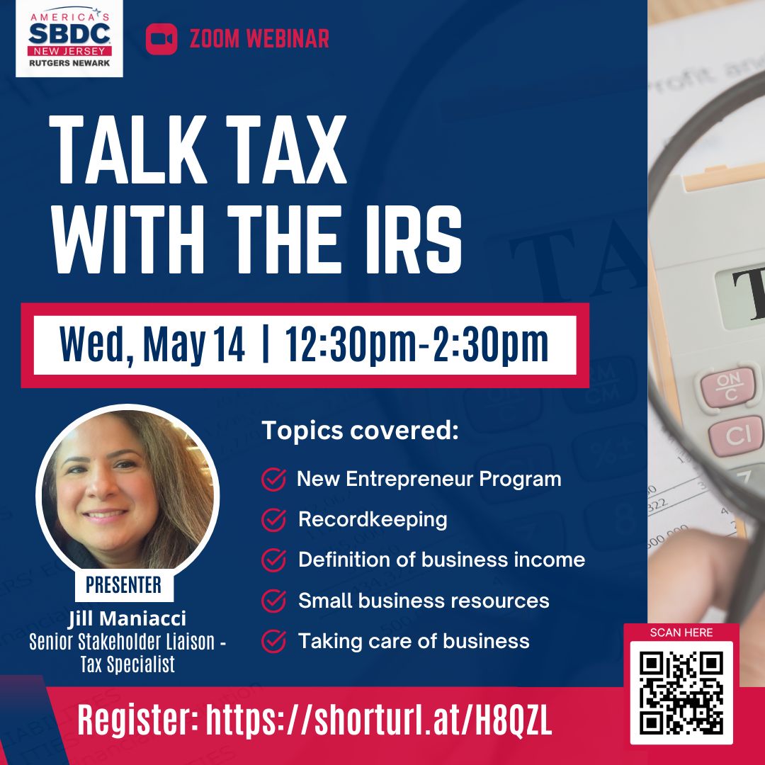 💰 Talk Tax with the IRS 

🔗 ZOOM WEBINAR 
Wednesday, May 14 
12:30 PM to 2:30 PM 

FREE
Registration link: buff.ly/3EzG9oi 

#businessstrategy  #smallbusiness #RNSBDC #smallbusinesswebinar #smallbusinessowners