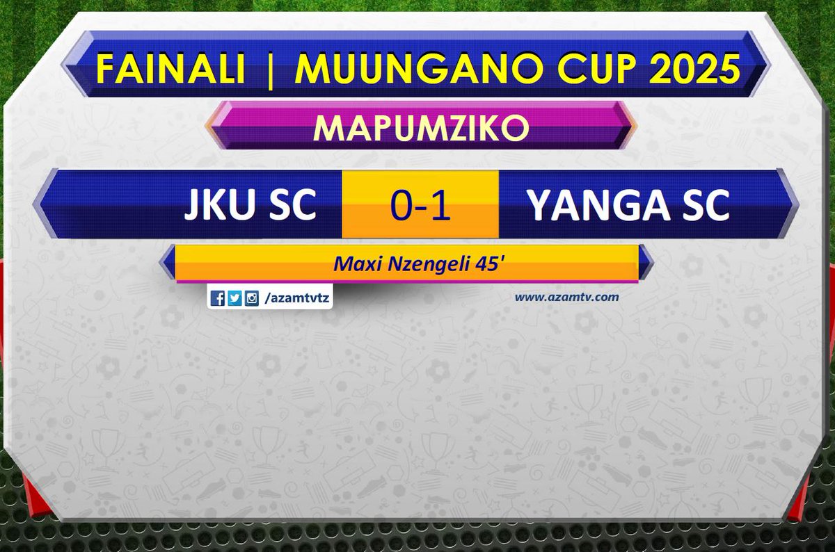 azamtvtz's tweet photo. #MuunganoCup2025: Maxi Nzengeli amekataa unyonge, ameitoa Yanga kifua mbele ndani ya dakika 45 za kipindi cha kwanza.
HT’: JKU SC 0-1 Yanga SC
LIVE #AzamSports1HD
#TanzaniaUnionSuperLeague #TUSL #MuunganoCup2025 #MuunganoCup #KombeLaMuungano #SuperLeague #Fainali #YangaSC #JKUSC #JKUYanga