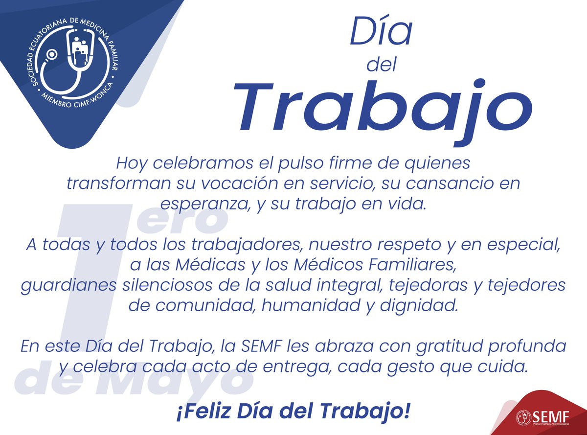 Hoy celebramos a quienes hacen del esfuerzo un arte y de su vocación, un compromiso diario.
Desde la SEMF, enviamos un abrazo inmenso a todas y todos los trabajadores.
Y muy especialmente, a las Médicas y los Médicos Familiares