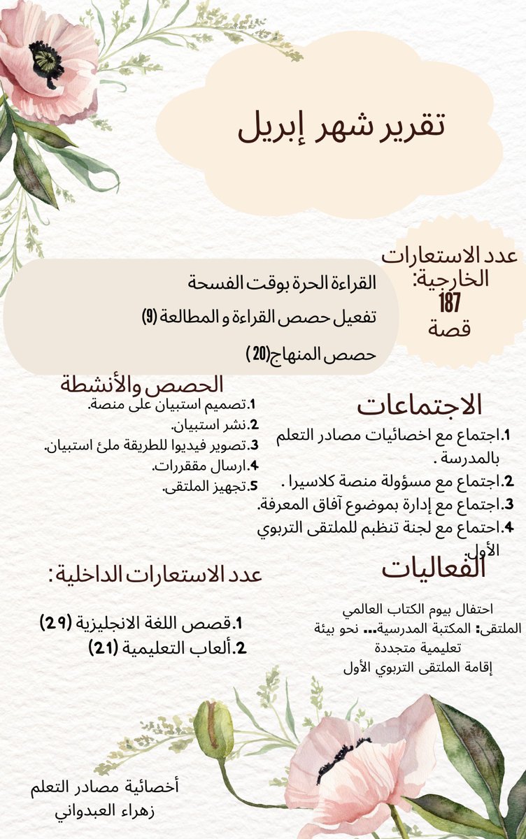 ماجده بنت فريش الأخزمية (@majdaalakhzami) on Twitter photo التقرير الشهري لمؤشر الأداء بمركز مصادر التعلم (شهر أبريل)
مدرسة الرنيم الدولية الخاصة
مدرسة الهدى الخاصة
مدرسة الشفاء بنت عوف للتعليم الأساسي(١-٨)
مدرسة مدينة السلطان قابوس مكتبة (١-٦) إنجليزي
#فعاليات_تعليمية_مسقط
#مدارسنا_مستقبل_واعد
<a href="/Lrc_2021/">وحدة مصادر تعلم محافظة مسقط</a> التقرير الشهري لمؤشر الأداء بمركز مصادر التعلم (شهر أبريل)
مدرسة الرنيم الدولية الخاصة
مدرسة الهدى الخاصة
مدرسة الشفاء بنت عوف للتعليم الأساسي(١-٨)
مدرسة مدينة السلطان قابوس مكتبة (١-٦) إنجليزي
#فعاليات_تعليمية_مسقط
#مدارسنا_مستقبل_واعد
<a href="/Lrc_2021/">وحدة مصادر تعلم محافظة مسقط</a>