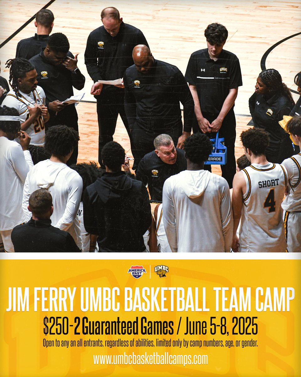 UMBC Men's Basketball (@umbc_mbb) on Twitter photo 🚨SAVE THE DATE🚨
We are back again for Coach Jim Ferry Team Camp for High School Programs. June 5th-8th‼️
Email Coach Gabe Maturo at gmaturo21@umbc.edu or Coach Ceasar Adim at cadim1@umbc.edu if interested.
#RetrieverNation 🚨SAVE THE DATE🚨
We are back again for Coach Jim Ferry Team Camp for High School Programs. June 5th-8th‼️
Email Coach Gabe Maturo at gmaturo21@umbc.edu or Coach Ceasar Adim at cadim1@umbc.edu if interested.
#RetrieverNation
