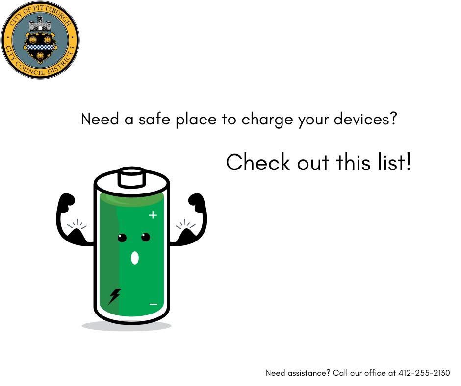 PGHDistrict3's tweet image. Still have no power?
Check out our running list of places where you can charge your devices/access WiFi: facebook.com/share/p/1656ec…