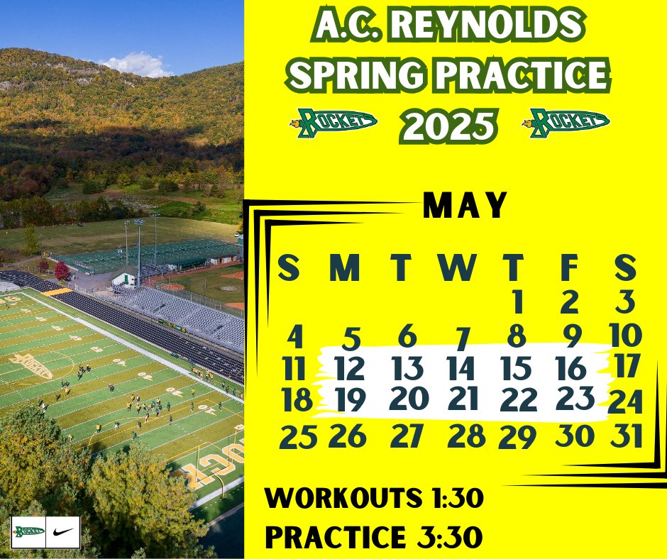 May means Spring Practice time in Rocket Country! Dates are highlighted below, first practice is May 12th. College coaches are more than welcome to come check out our guys. 

#ACReynoldsFootball #RPI 🚀