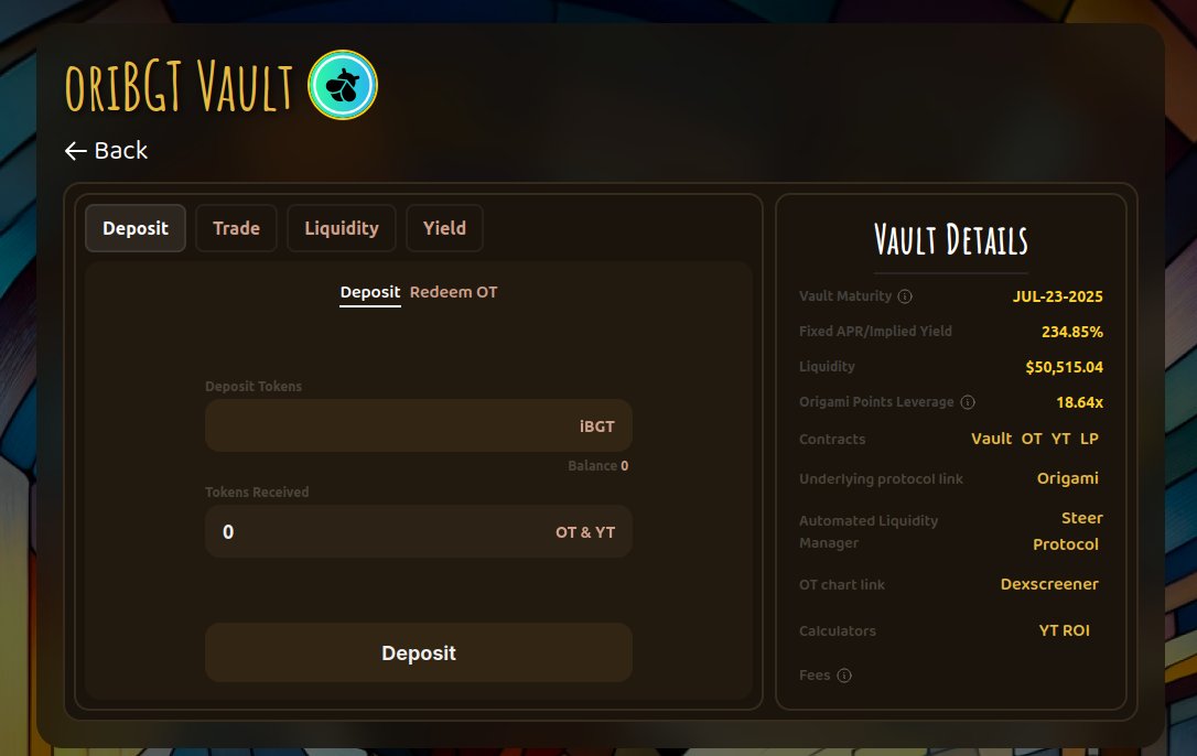 🔥 New Vault LIVE on <a href="/berachain/">Berachain Foundation 🐻⛓</a> with <a href="/goldilocksmoney/">Goldilocks</a> — powered by Steer Smart Pools!

BM Goldinis, Want more $oriBGT yield and Origami points, and also enjoy the offering of an ALM vault?

Steer has launched a high-performance vault for $oriBGT / $oriBGTOT built with our