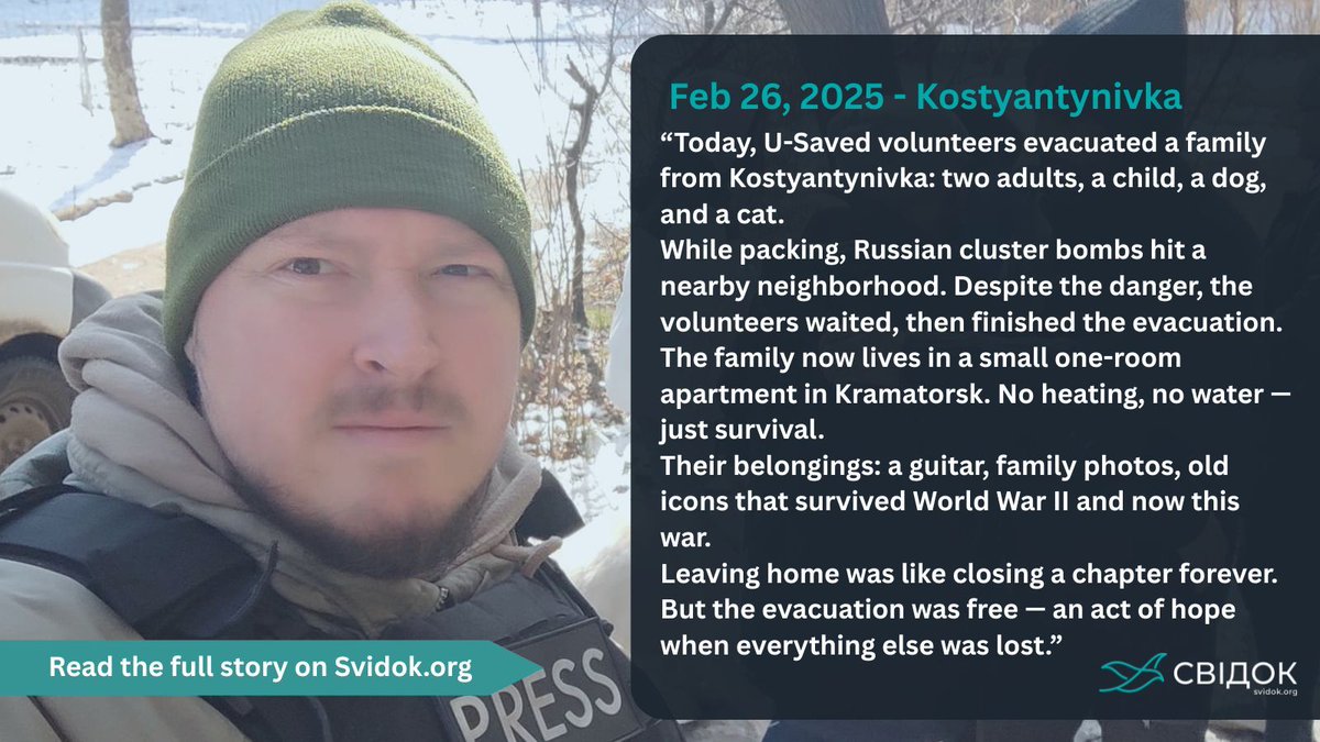 On February 26, 2025, U-Saved volunteers evacuated a family and their pets from Kostyantynivka amid Russian shelling. Despite harsh conditions, they reached Kramatorsk safely. The evacuation was free, offering crucial support. Read more: svidok.org/notes/evakuaci…