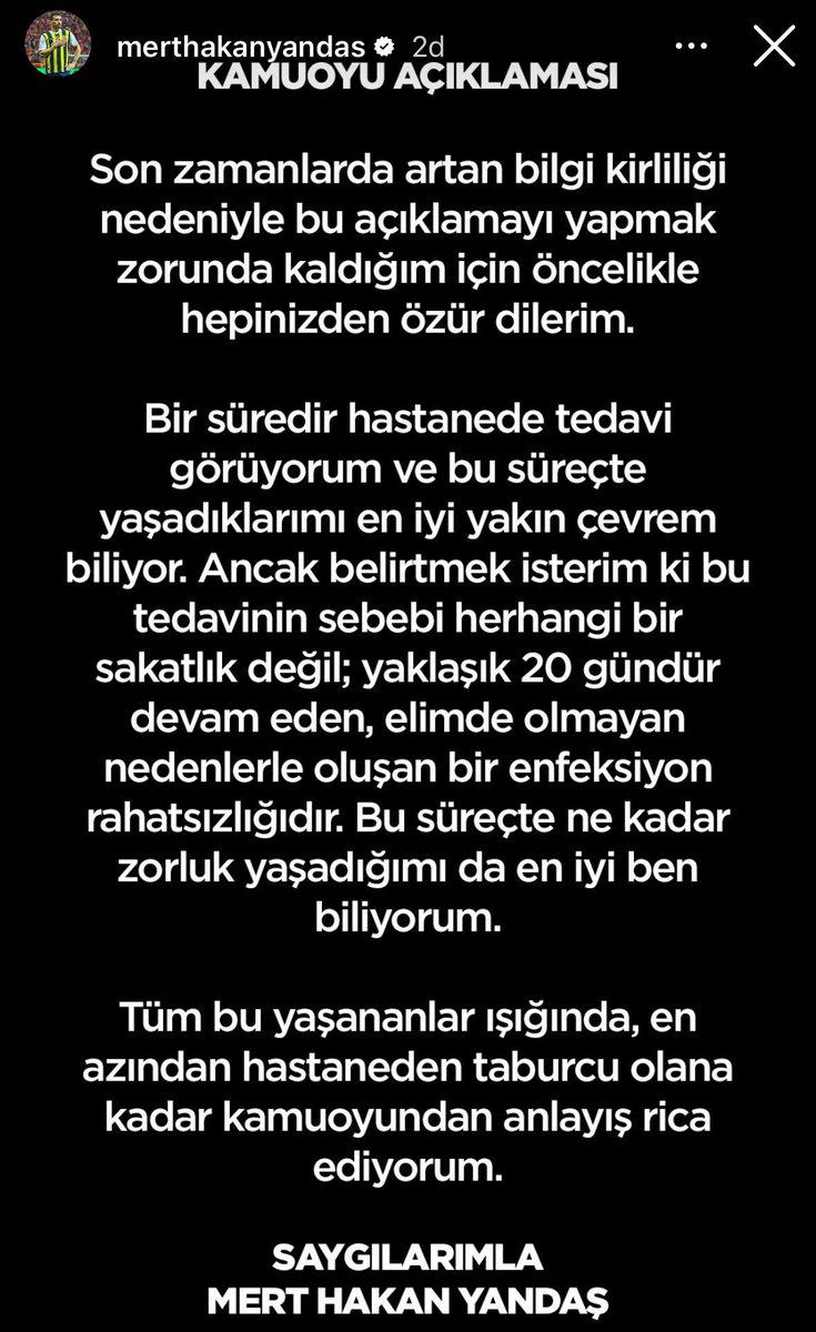 Fenerbahçe’de enfeksiyon tedavisi devam eden Mert Hakan Yandaş’tan açıklama 👇