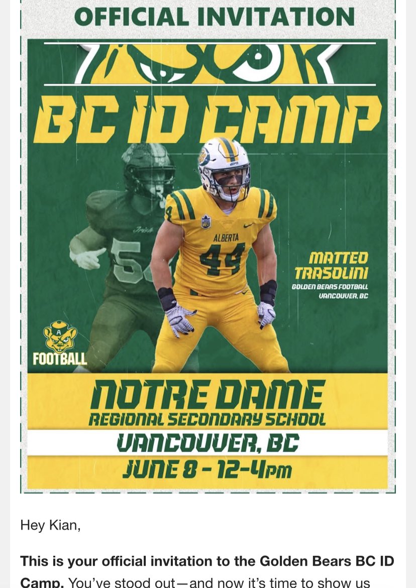 Thank you <a href="/CoachBone/">Stevenson Bone</a> for the invite to <a href="/UABearsFootball/">University of Alberta Football</a> camp.
