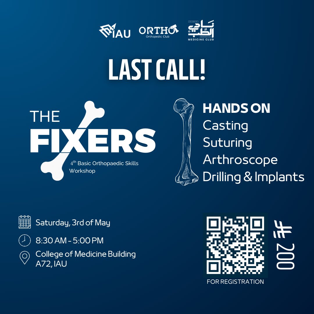 LAST CALL!📞 
Only a few spots left for THE FIXERS 
the 4th Basic Orthopaedic Skills Workshop!🦴

Don’t miss hands-on training and register now 🚨: 
forms.gle/uuuhHCPKNj3oFW…