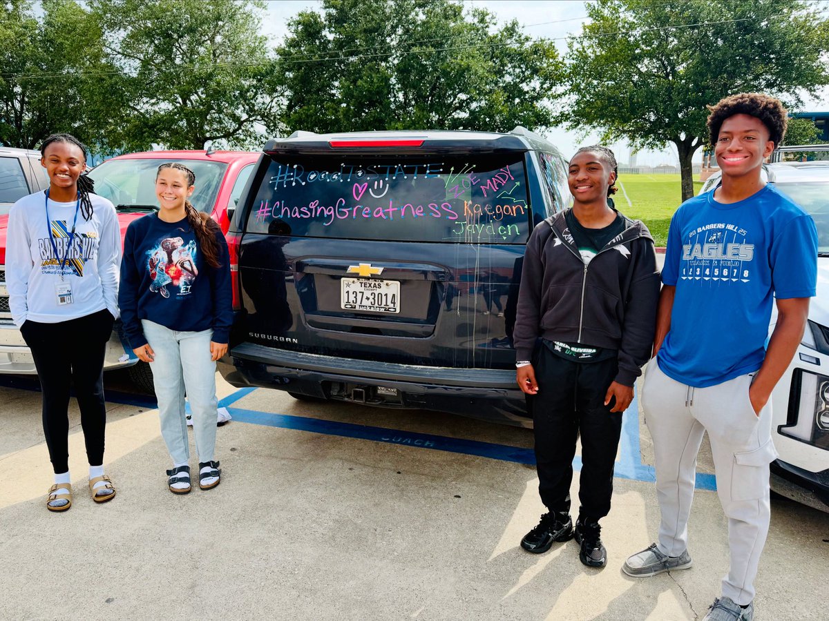 And they’re off!!!  Good Luck 🍀 to our state qualifiers as they head to Austin!  They will compete tomorrow at the following times (weather permitting):

Madyson Ladd-High Jump-9:00am
Jayden Thrower-Triple Jump-2:45pm
Zoe Williams-100 Hurdles-5:45pm
Kaegan Morton-100m, 6:05pm &amp;