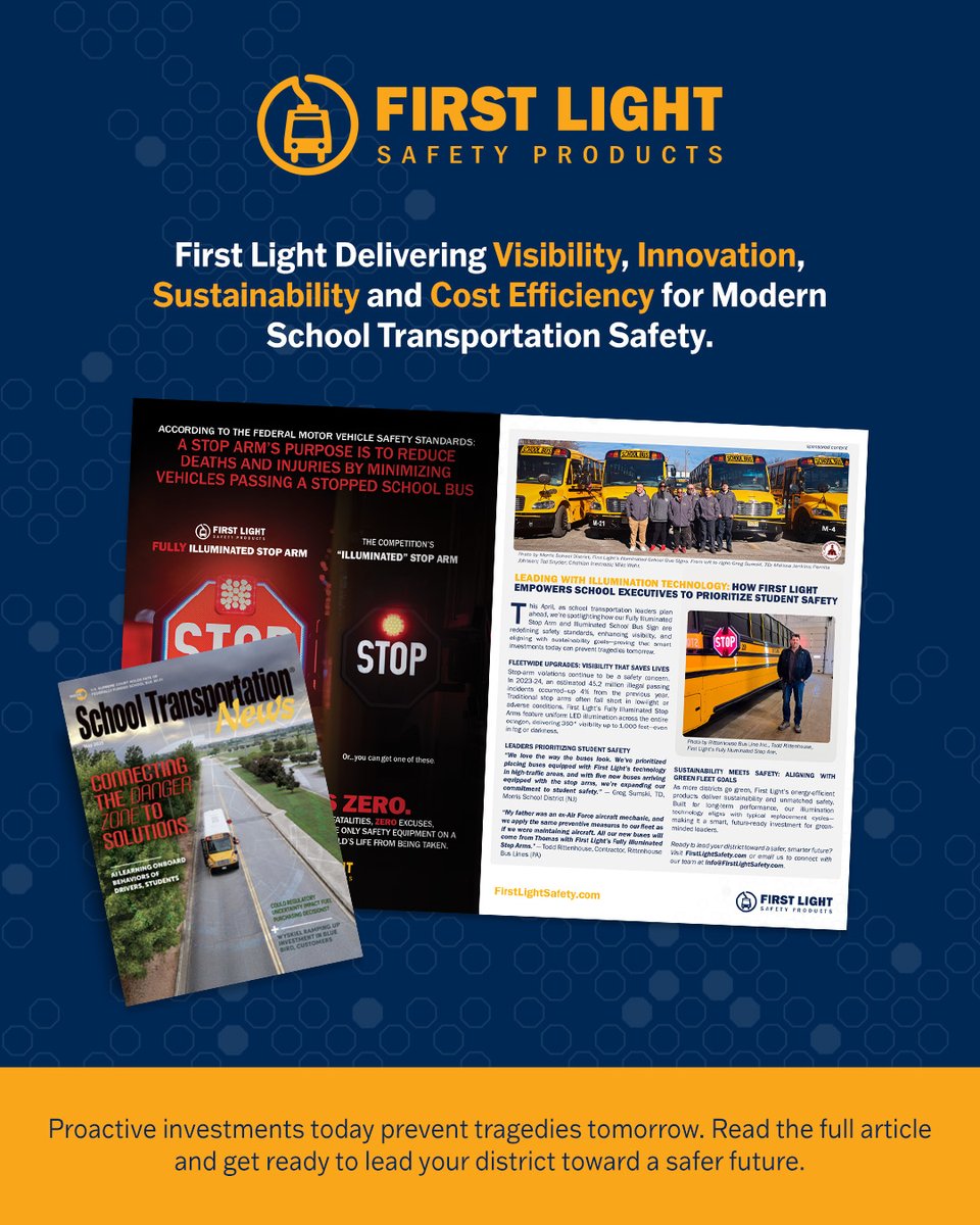 Proud to be featured in STN Magazine's MAY​ issue!

At First Light, we're partnering with forward-thinking districts nationwide to combat the alarming 45.2 million illegal school bus passing incidents reported last year. Read the full story: shorturl.at/fcIYY