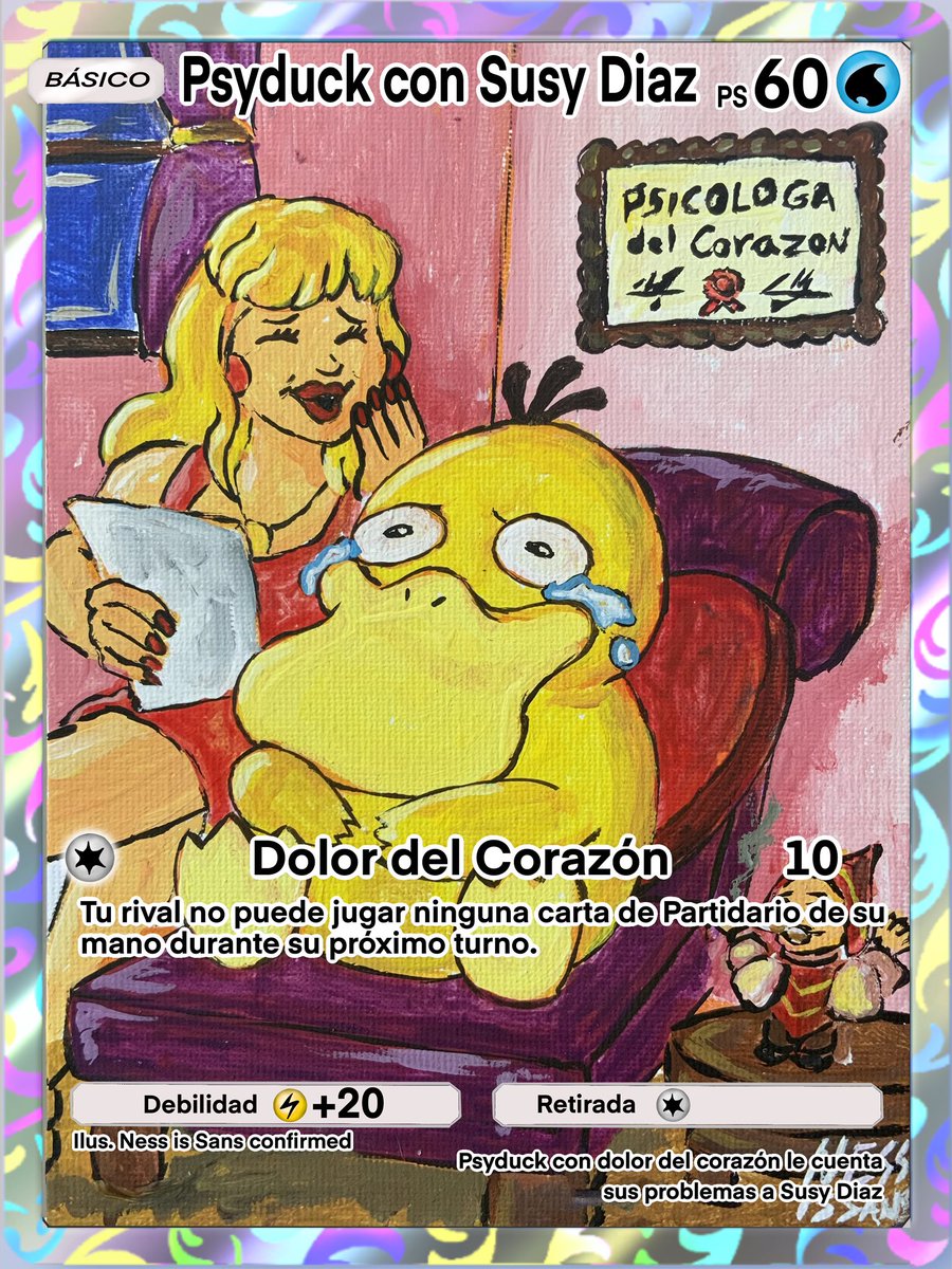 Carta Pokemon TCG: “Psyduck con Susy Diaz, Psicóloga del Corazón- Psyduck le cuenta todos sus problemas del corazón a Susy Diaz - Pintura acrílica sobre lienzo 13x17cm