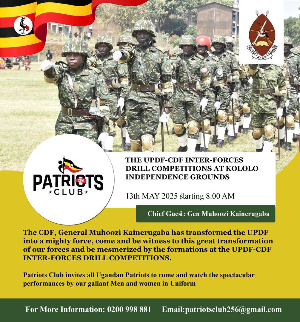 PATRIOTIC LEAGUE OF UGANDA (@plumedia1) on Twitter photo PLU COMMUNIQUE;
we would like to inform our Dear Supporters and the public that our National Vice Chairman of PLU Mr. Micheal Nuwagira Kaguta aka Chairman Toyota <a href="/chairtoyota/">Toyota Michael Kaguta</a>
invites all Gen Muhoozi's Supporters and the Public to attend CDF inter-Forces Drill Competition Finals. PLU COMMUNIQUE;
we would like to inform our Dear Supporters and the public that our National Vice Chairman of PLU Mr. Micheal Nuwagira Kaguta aka Chairman Toyota <a href="/chairtoyota/">Toyota Michael Kaguta</a>
invites all Gen Muhoozi's Supporters and the Public to attend CDF inter-Forces Drill Competition Finals.