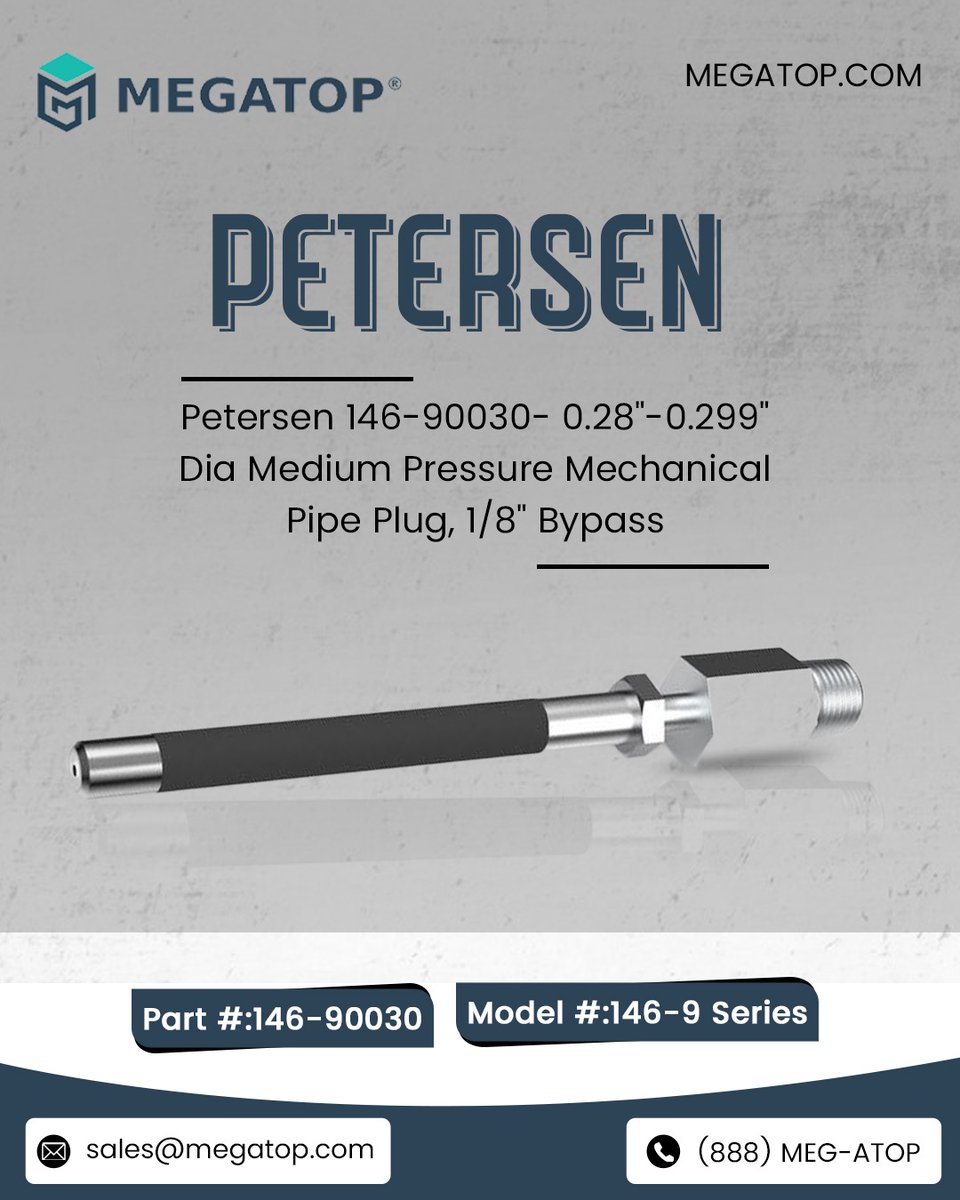 megatopcom's tweet image. Ensure secure sealing with the Petersen 146-90030 Mechanical Pipe Plug, built for 0.28"-0.299" pipes and medium-pressure systems. Its 1/8" bypass offers controlled flow during testing or maintenance.

Buy now: megatop.com/product/peters…

#megatop #PetersenProducts #PipePlug