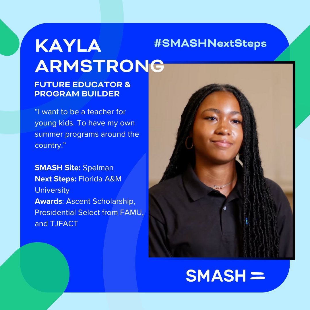 Kayla’s next step: Florida A&amp;M 🎓
Her dream: to teach &amp; run summer programs for kids across the country.

From SMASH Spelman to future educator 💫
#SMASHNextSteps #FutureEducator #SMASHScholars