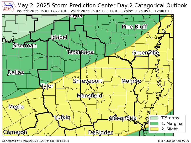 #SPC issues Day 2 Slight Convective Risk at May 1, 17:27z for SHV spc.noaa.gov/products/outlo…