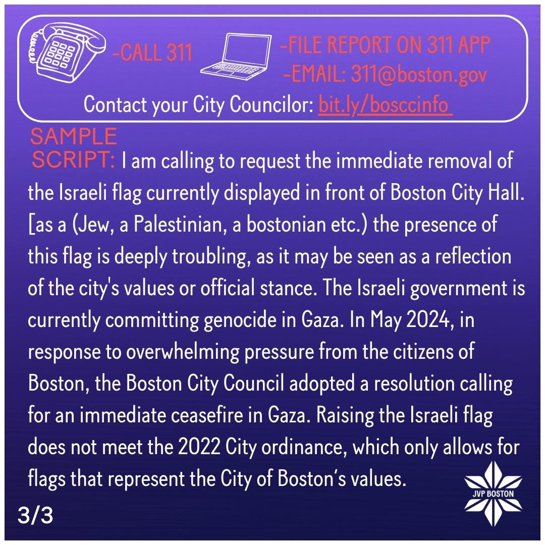 ACTION: Call, email and use the 311 app to demand the city remove the flag.
-CALL: 311
-EMAIL: 311@boston.gov
-Contact your City Councilor: bit.ly/bosccinfo