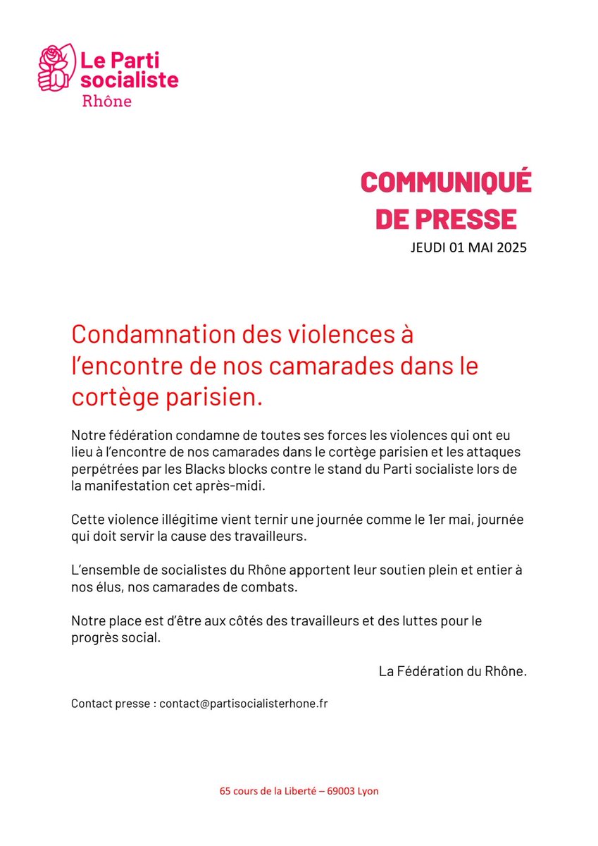 Ce #1mai devait être une journée pour les travailleurs.ses mais une violence illégitime s'est invitée. Plein et total soutien à nos camarades socialistes qui ont été agressés et insultés aujourd'hui.  Notre communiqué de presse ➡️