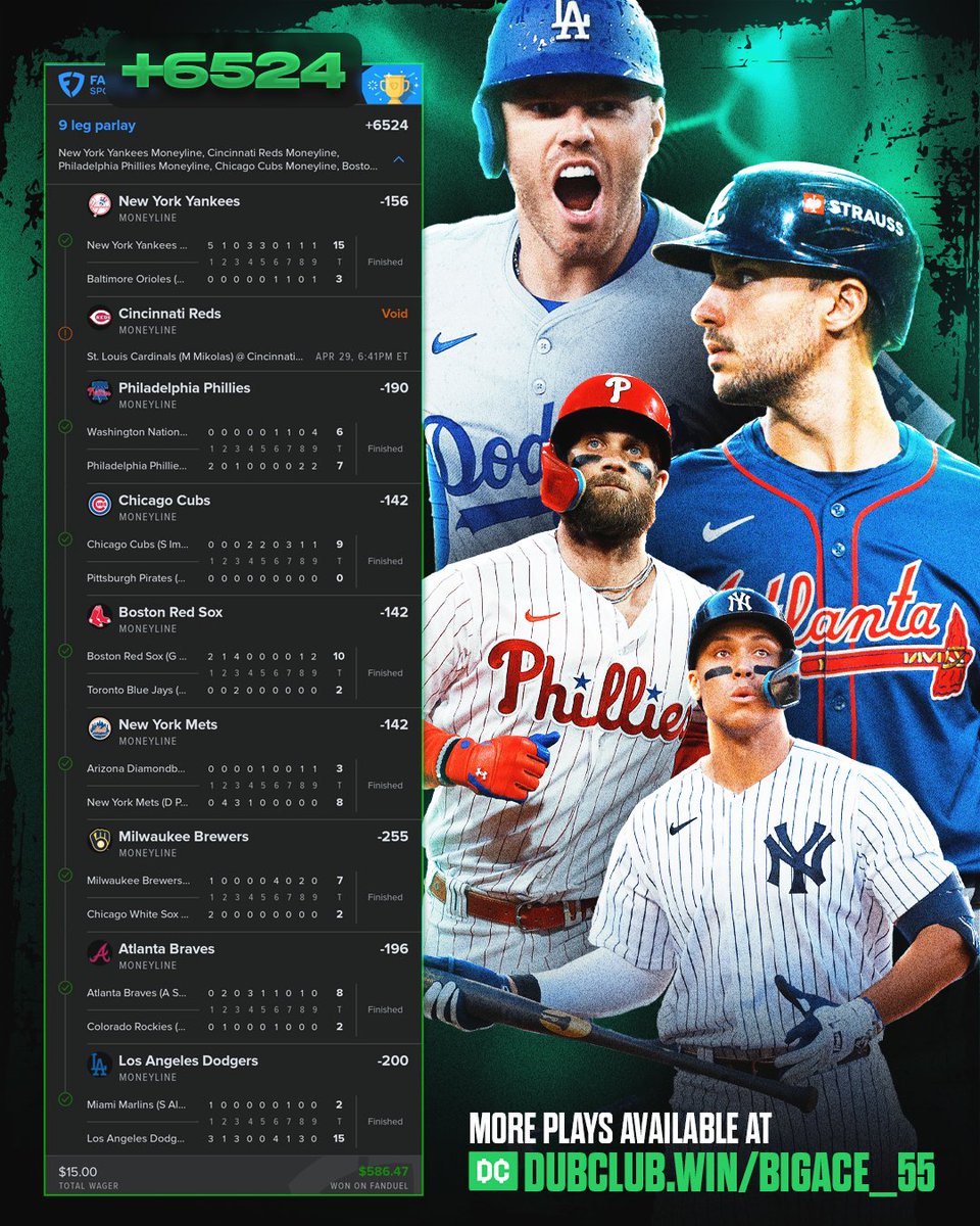 <a href="/BigAce_55/">AceBoogie</a> with an INSANE MLB parlay yesterday🤯

$15➡️$586 

Who could use a parlay hit like this tonight?👀