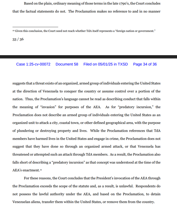 For the first time, President Trump is being told by the judiciary — in this case, a federal judge he appointed — that he unlawfully invoked the Alien Enemies Act because there's no underlying invasion or predatory incursion, the requirements to invoke the 1798 wartime law.