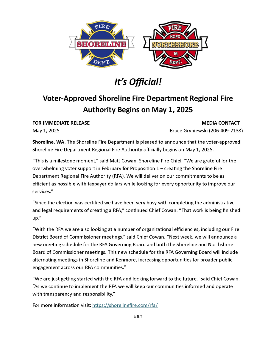 🚨 It’s Official! 🚨 The Shoreline Fire Department Regional Fire Authority (RFA) officially launches today—May 1, 2025—marking a major milestone in the future of emergency services. 

🔗 Learn more at: shorelinefire.com/rfa

#ShorelineFire