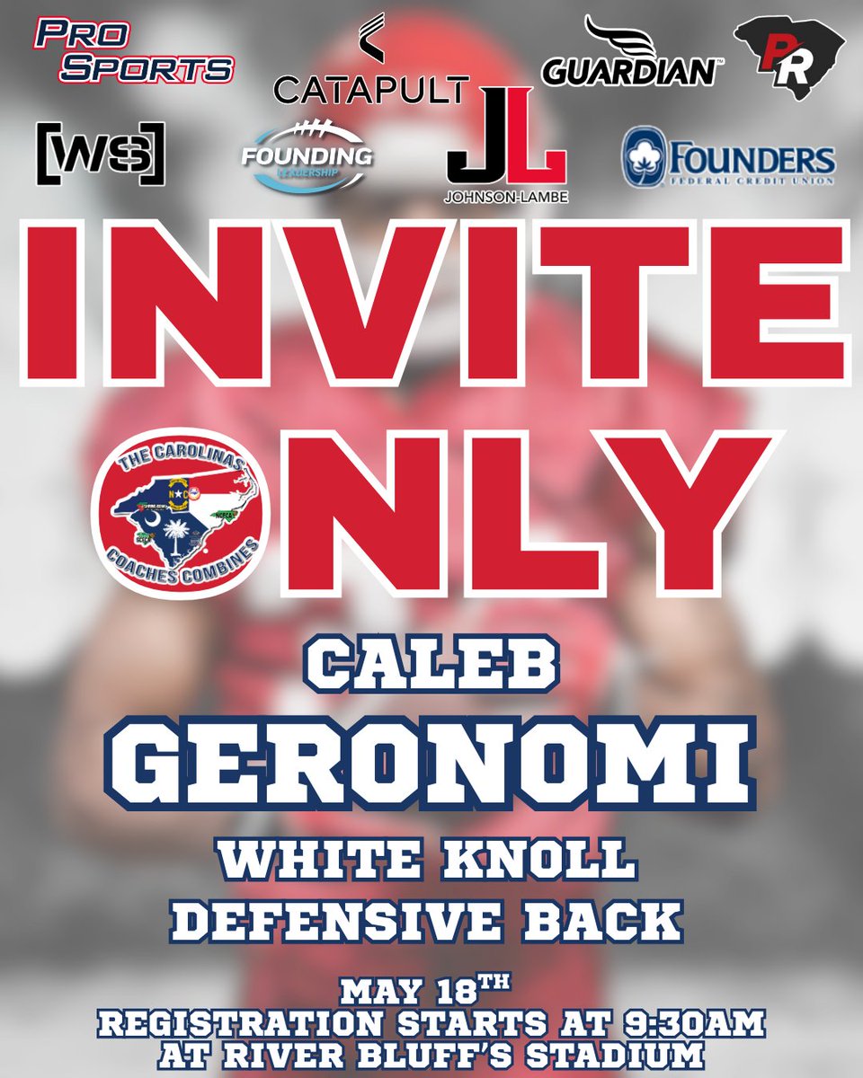 Carolinas Coaches Combine (@coachescombines) on Twitter photo Congratulations to Caleb Geronomi from @knollfb for being selected to attend the Invite-Only Event on May 18 at River Bluff High School! Registration begins at 9:30 AM!
#CCC2025 @johnsonlambe <a href="/SCFCA1/">SCFCA</a> <a href="/TheCGeronomi/">Caleb Geronomi</a> @npelham77970 <a href="/NealSmith10/">Neal Smith</a> Congratulations to Caleb Geronomi from @knollfb for being selected to attend the Invite-Only Event on May 18 at River Bluff High School! Registration begins at 9:30 AM!
#CCC2025 @johnsonlambe <a href="/SCFCA1/">SCFCA</a> <a href="/TheCGeronomi/">Caleb Geronomi</a> @npelham77970 <a href="/NealSmith10/">Neal Smith</a>