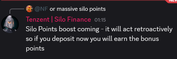 Hot tips for why YOU should deposit in Silo Vaults.

- ʳᶦˢᵏ⁻ᵃᵈʲᵘˢᵗᵉᵈ ʸᶦᵉˡᵈ
- ᵖʳᵒᶠᵉˢˢᶦᵒⁿᵃˡ ʳᵉᵇᵃˡᵃⁿᶜᶦⁿᵍ
- 𝐌𝐀𝐒𝐒𝐈𝐕𝐄 𝐑𝐄𝐓𝐑𝐎𝐒𝐏𝐄𝐂𝐓𝐈𝐕𝐄 𝐒𝐈𝐋𝐎 𝐏𝐎𝐈𝐍𝐓𝐒
- more incentives soon

Best way to get a leg-up on Silo Points 🤷‍♂️