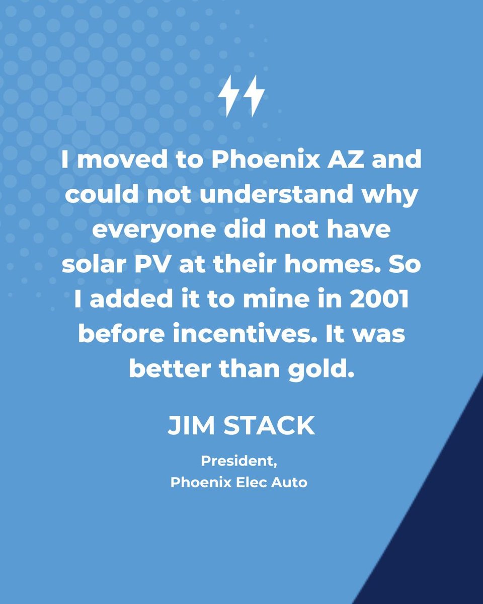 ce4aef's tweet image. "I moved to Phoenix AZ and could not understand why everyone did not have solar PV at their homes. So I added it to mine in 2001 before incentives. It was better than gold." - Jim Stack, President, Phoenix Elec Auto
Read Jim’s story here ➡️ facesofcleanenergy.org/face-of-clean-…