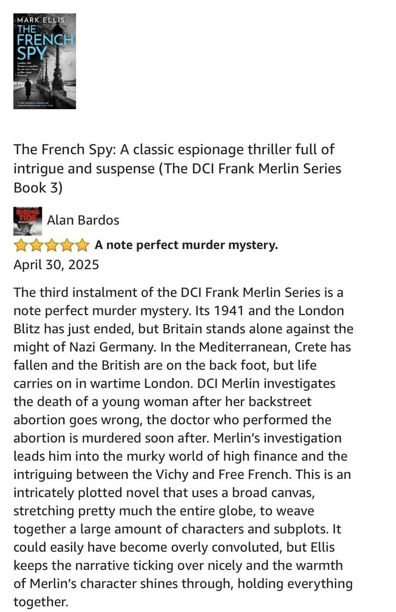 Mark Ellis (@markellis15) on Twitter photo Great new 5* review of #TheFrenchSpy (#FrankMerlin 3) just in on <a href="/AmazonUK/">Amazon.co.uk</a>. Acclaimed author of wartime historical fiction <a href="/BardosAlan/">Alan Bardos</a> says: âA note perfect murder mysteryâ.
#DeathOfAnOfficer, the latest in the Merlin #WW2 detective series, is out 29/5. Great new 5* review of #TheFrenchSpy (#FrankMerlin 3) just in on <a href="/AmazonUK/">Amazon.co.uk</a>. Acclaimed author of wartime historical fiction <a href="/BardosAlan/">Alan Bardos</a> says: âA note perfect murder mysteryâ.
#DeathOfAnOfficer, the latest in the Merlin #WW2 detective series, is out 29/5.
