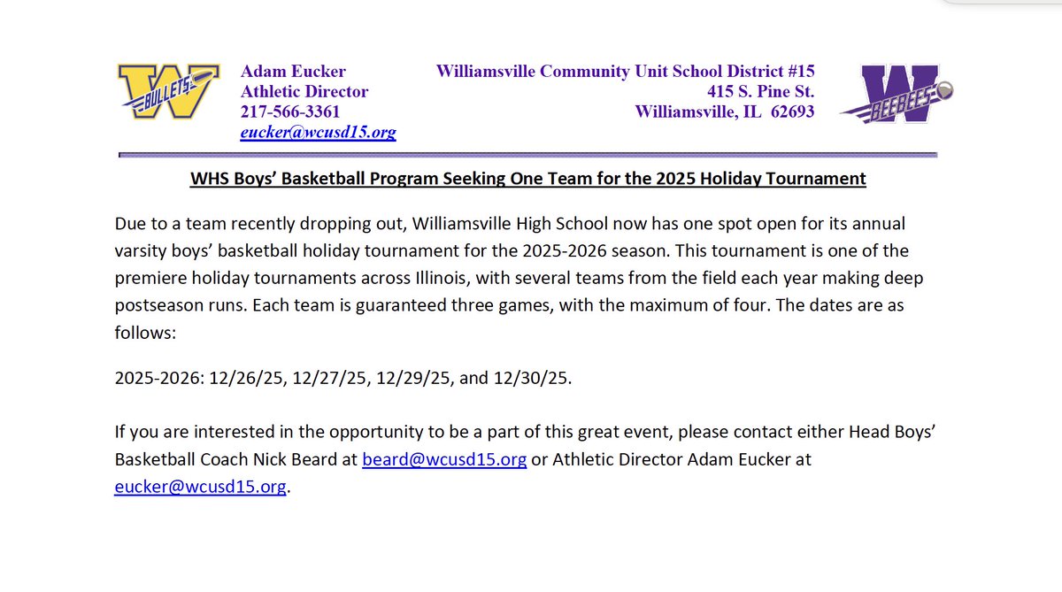 Williamsville BeeBee & Bullet Athletics/Activities (@wcusd15sports) on Twitter photo .<a href="/boysbulletbball/">Bullets Basketball</a> Seeking One Team for the 2025 Holiday Tournament
If you are interested in the opportunity to be a part of this great event, please contact either Head Coach Nick Beard at beard@wcusd15.org or Athletic Director Adam Eucker at eucker@wcusd15.org. .<a href="/boysbulletbball/">Bullets Basketball</a> Seeking One Team for the 2025 Holiday Tournament
If you are interested in the opportunity to be a part of this great event, please contact either Head Coach Nick Beard at beard@wcusd15.org or Athletic Director Adam Eucker at eucker@wcusd15.org.