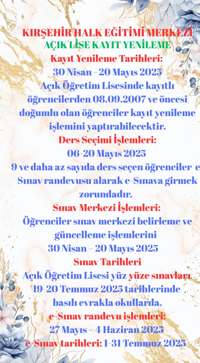 Açık öğretim kurumları 2024/2025 eğitim öğretim yılı 3. Dönem kayıt yenileme işlemleri başlamıştır.
<a href="/KirsehirMEM/">Kırşehir İl Millî Eğitim Müdürlüğü</a> 
<a href="/yasingulsen9/">Yasin🇹🇷🇹🇷🇹🇷</a>