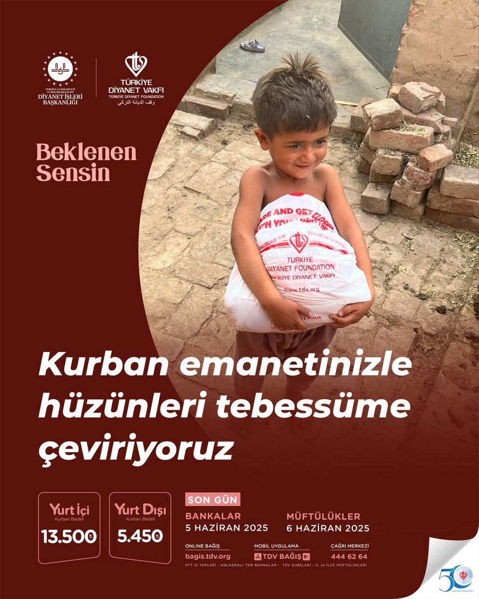 Kurban emanetinizle hüzünleri tebessüme çeviriyoruz

#BeklenenSensin

Kurban bağışlarınızı, bagis.tdv.org adresinden, Banka/PTT şubelerinden ve Müftülüklerden yapabilirsiniz.