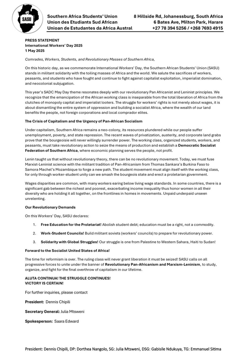 PRESS STATEMENT
International Workers’ Day 2025
1 May 2025

#MayDay2025 ✊🏾
