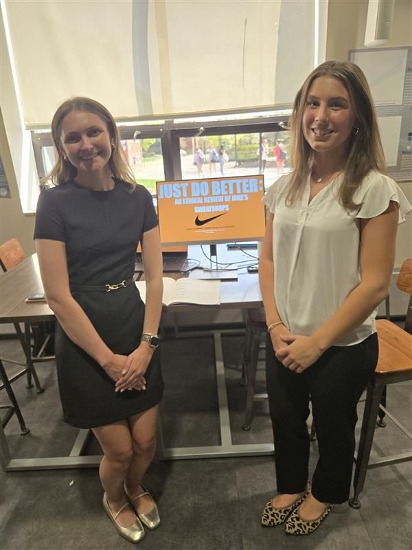 Congratulations to Audrey Akertsen '28, Ella Gasbarro '28, and Theresa Coyne '28, who discussed "Just Do Better: An Ethical Review of Nike's Sweatshops" in the PC Business Ethics Topic Analysis Challenge and presented at the Celebration of Student Scholarship and Creativity.