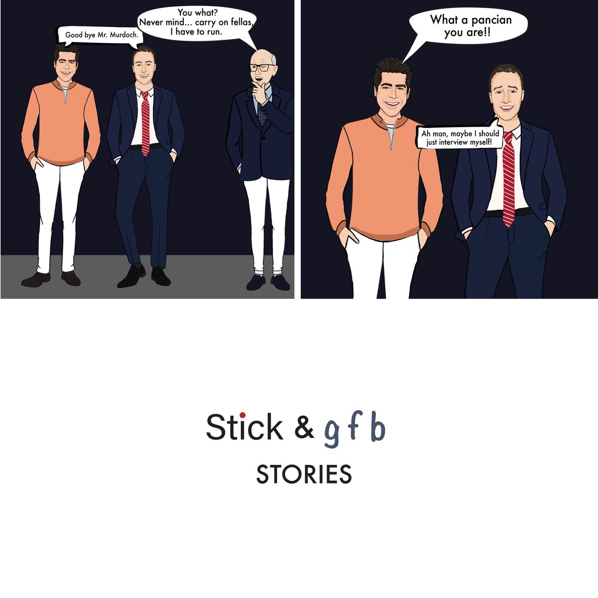 A Very Serious White Jeans Debate 
Our favourite journalists, one questionable fashion choice, infinite panic. 

<a href="/JesseBWatters/">Jesse Watters</a>
<a href="/JBOTUS/">Johnny Belisario</a> 

#donthategreat
#TheStickChronicles #gfb #Comics #Comic #JBOTUS #JesseBWatters #WhiteJeans #Debate2025 #Journalist #Fashion #MAGA #FoxNews