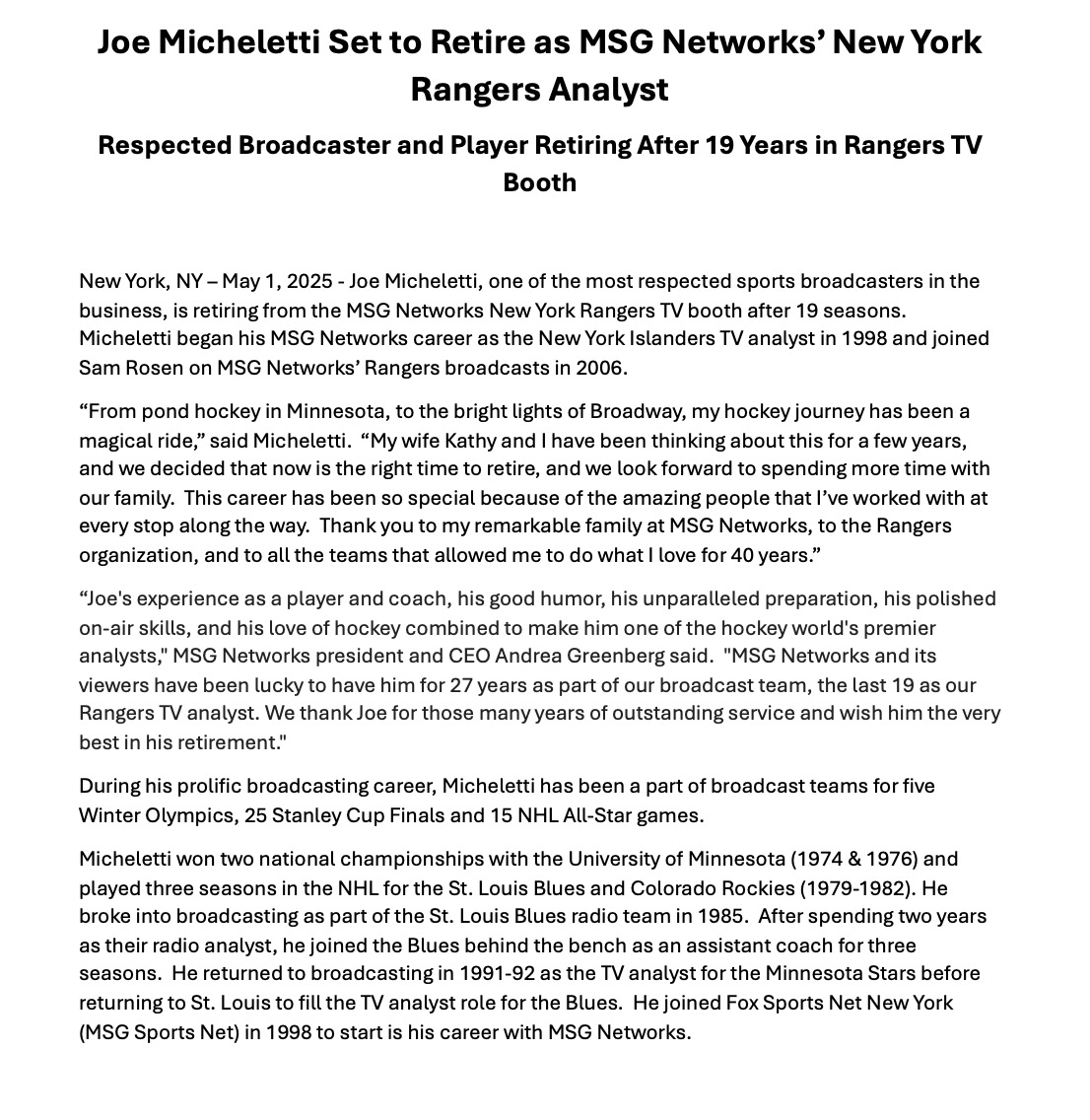 Joe spent 19 seasons in the MSG Networks New York Rangers TV booth!!