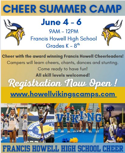 📣Registration is now LIVE for Francis Howell Summer Camps! 📣Sign up for the Cheer Camp by going to howellvikingscamps.com 
Hope to see you this summer! 💛💙