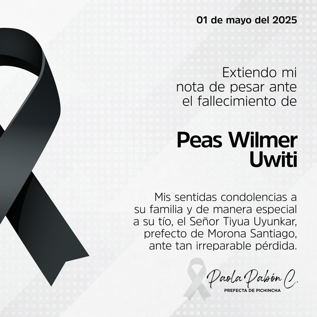 Compañero Prefecto Tiyua Uyunkar:
Quiero expresarte mi más profunda solidaridad contigo y con tu familia ante la dolorosa partida de tu sobrino Peas.
Lamento esta tragedia que enluta no solo a las familias de Morona Santiago, sino a todo el país. Espero que pronto se esclarezcan