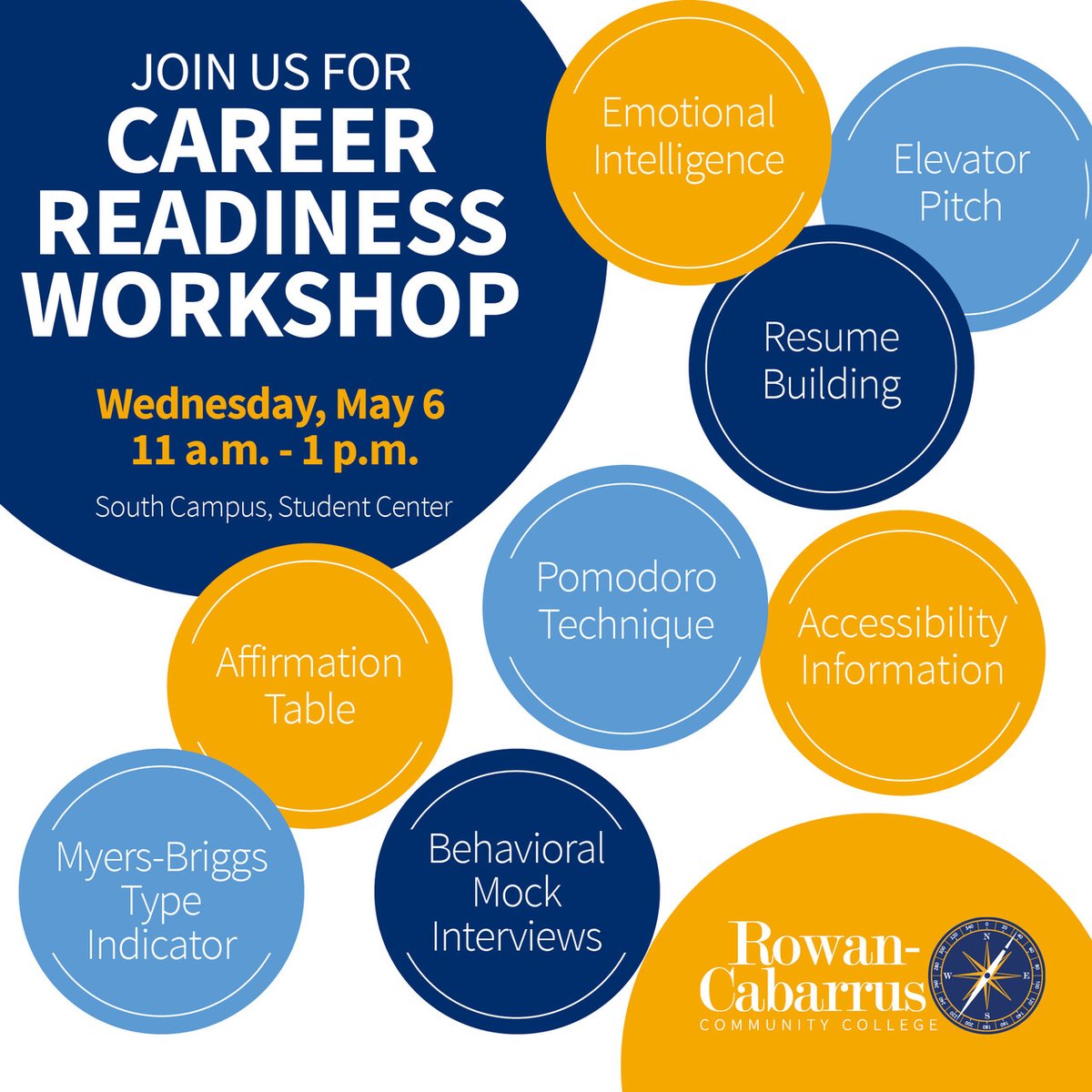 Get ready to take the next step toward your future at our Career Readiness Workshop! Join us on Tuesday, May 6, from 11 a.m. to 1 p.m. in the Student Center at South Campus. Stop by for expert tips on resumes, interviews and more to help you prepare for career success.