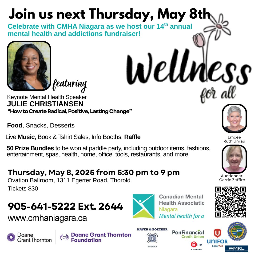 Get your tickets today for next week's mental health celebration. Call 905-641-5222, scan the bar code, or click link on our website's event page for tickets. 50 fabulous prizes including  spa gift certificates, jewlery, tools, entertainment, health &amp; beauty, and more!