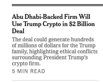 RichardHanania's tweet photo. Gulf Arabs are now using Trump crypto as currency. 

There's such a surreal aspect to sentences like this. 

It was announced by Steve Witkoff's son who was on a conference panel with Eric Trump.

I'm just out of words to describe the corruption of this administration. https://t.co/pxJZ3cecyh