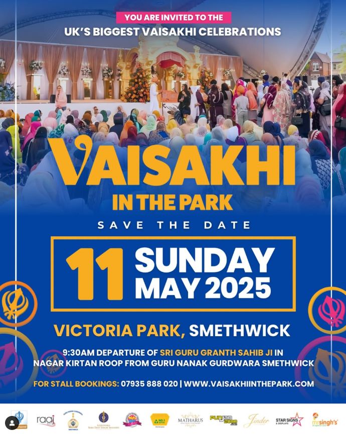 🪯 Vaisakhi in the Park 2025 🪯

📅 Sunday 11 May 2025
📍 Victoria Park, Smethwick

A great community event open to everyone — check it out if you're free! #Vaisakhi2025 #Smethwick #CulturalCelebration #CommunityEvent @vaisakhiinthepark